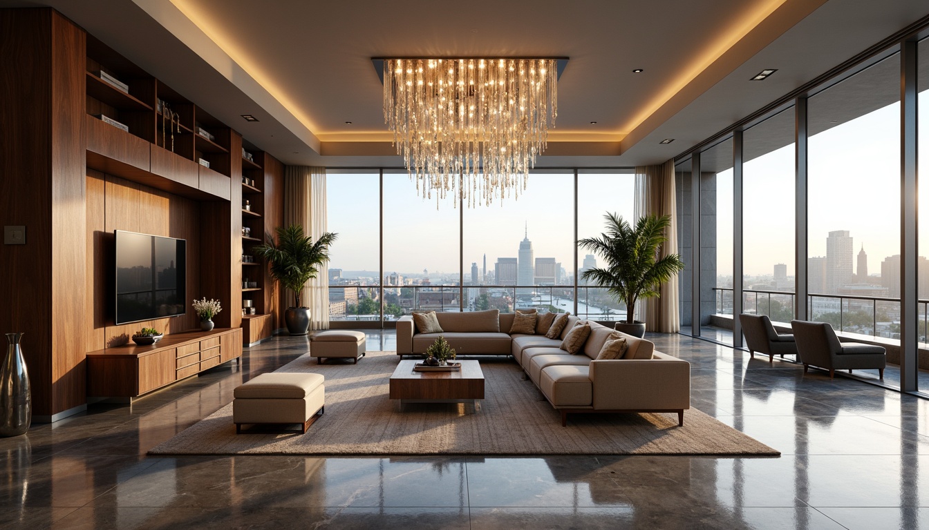 Prompt: Luxurious penthouse interior, high ceilings, crystal chandeliers, marble floors, rich wood paneling, sleek metal accents, lavish furnishings, plush area rugs, floor-to-ceiling windows, breathtaking city views, modern minimalist decor, sophisticated color palette, soft warm lighting, shallow depth of field, 3/4 composition, panoramic view, realistic textures, ambient occlusion.