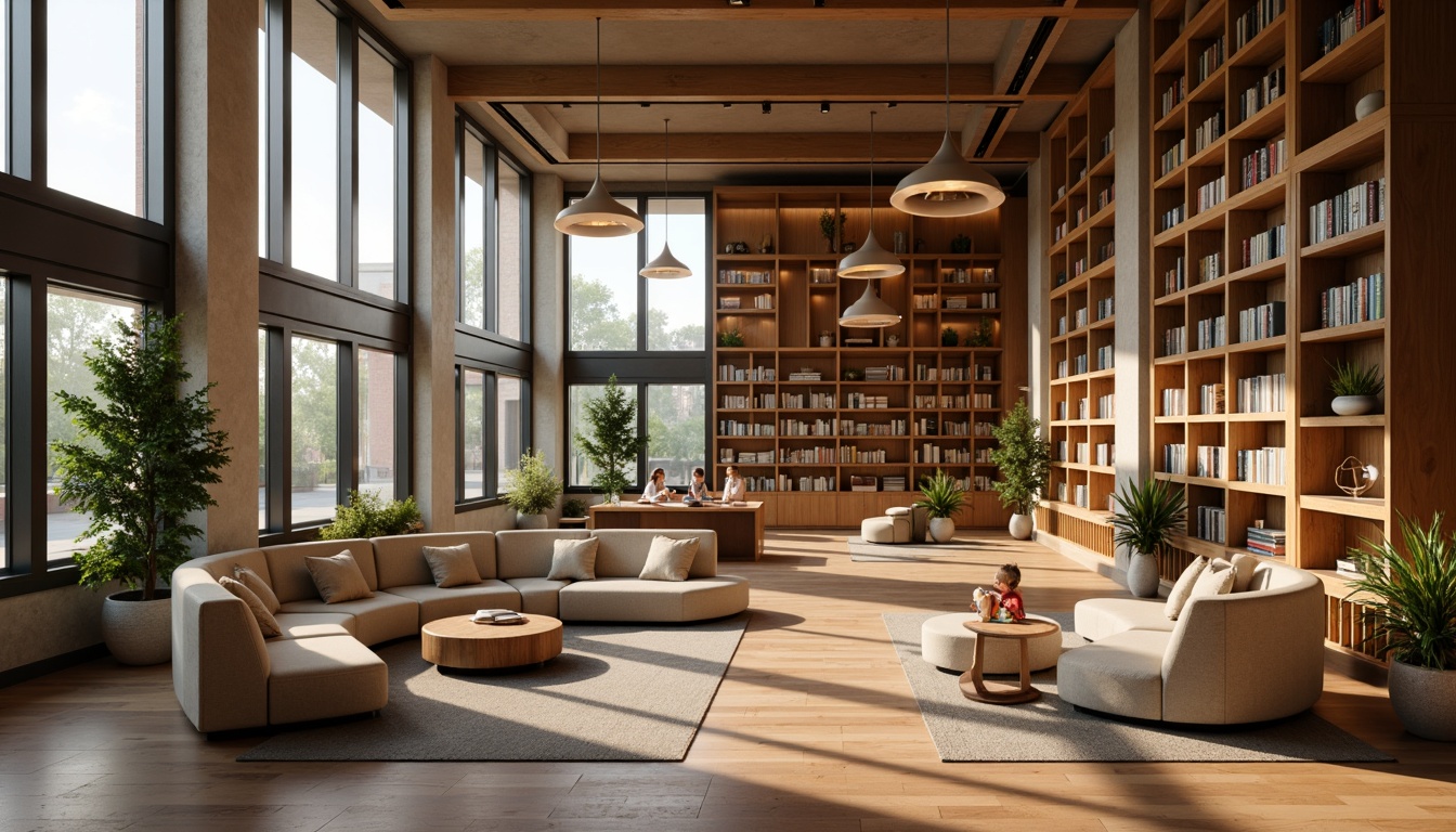 Prompt: Cozy reading nooks, soft warm lighting, wooden bookshelves, comfortable seating areas, quiet study zones, modern pendant lamps, energy-efficient LED lights, floor-to-ceiling windows, natural daylight, subtle ambient glow, warm beige tones, rich wood accents, minimalist decor, acoustic soundproofing, peaceful atmosphere, 1/1 composition, shallow depth of field, realistic textures.