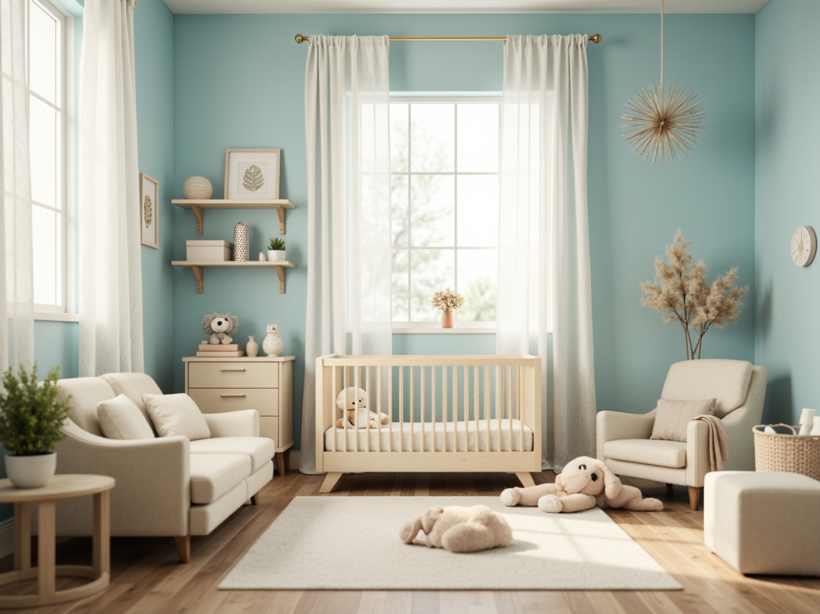 Prompt: Soft baby blue walls, gentle cream accents, warm beige furniture, plush toys, nursery decorations, delicate lace curtains, soothing natural light, calming atmosphere, serene ambiance, shallow depth of field, 1/1 composition, soft focus, warm white lighting, subtle texture overlay.