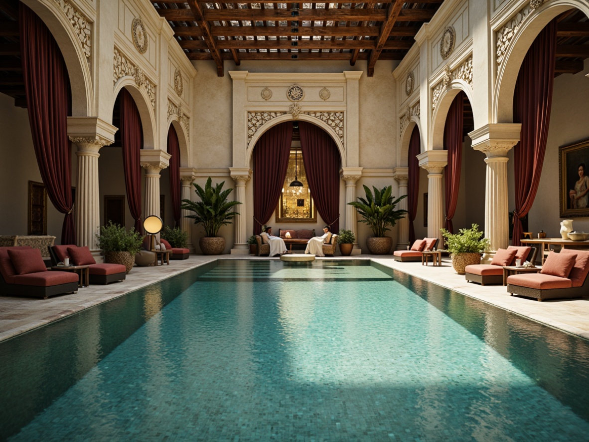 Prompt: Luxurious swimming pool, ornate stone carvings, intricately patterned ceramic tiles, plush velvet lounge chairs, elegant drapery, flowing silk fabrics, subtle sheen of satin, rich brocade upholstery, majestic columns, carved wooden accents, refined metalwork, soft golden lighting, serene water reflections, shallow depth of field, 1/1 composition, realistic textures, ambient occlusion.