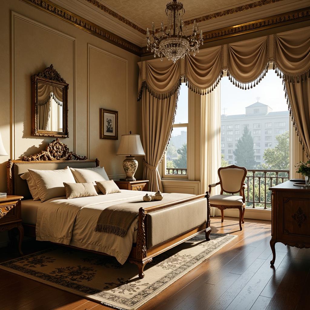 Prompt: Luxurious boudoir, ornate gilded frames, intricately carved wooden furniture, plush velvet upholstery, soft golden lighting, lavish crystal chandeliers, delicate porcelain vases, elegant curved lines, richly patterned rugs, heavy drapery, tassel-adorned curtains, antique furnishings, distressed finishes, warm beige tones, creamy whites, pale blues, romantic ambiance, intimate setting, 1/1 composition, soft focus, shallow depth of field.