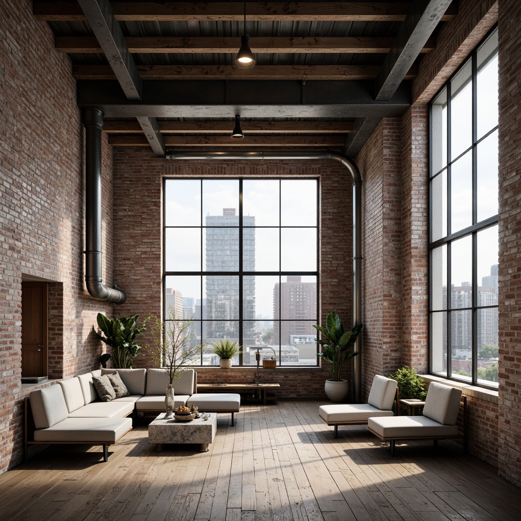 Prompt: Exposed brick walls, industrial metal beams, reclaimed wooden floors, functional minimalist decor, sleek metal pipes, urban cityscape views, neutral color palette, abundant natural light, rectangular shapes, clean lines, minimal ornamentation, functional simplicity, distressed textures, brutalist architecture influences, vintage manufacturing machinery, metallic accents, industrial-chic atmosphere, high ceilings, open floor plans, modern urban living, geometric patterns, monochromatic color scheme, dramatic lighting contrasts, shallow depth of field, 1/1 composition, realistic renderings.