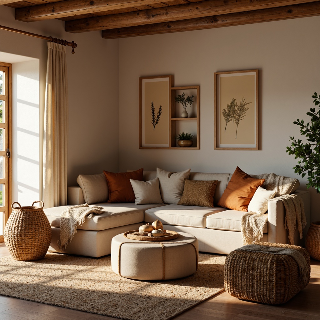 Prompt: Cozy living room, plush throw blankets, soft velvet sofas, warm beige tones, natural wood accents, woven baskets, Moroccan-inspired tiles, ambient lighting, gentle shadows, 1/2 composition, shallow depth of field, realistic textures, warm color palette, autumn afternoon, relaxed atmosphere.