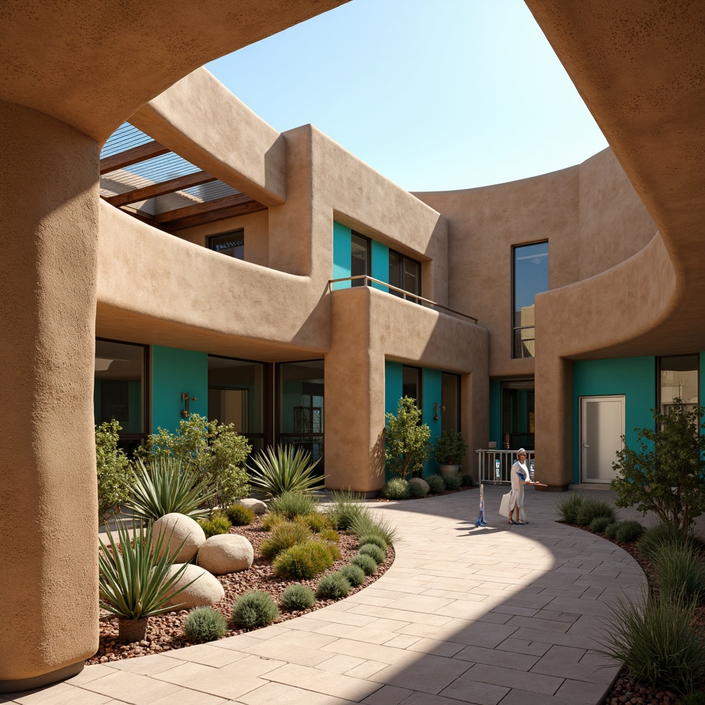 Prompt: Southwestern-style hospital, curved adobe walls, earthy tones, vibrant turquoise accents, natural stone flooring, wooden beams, large windows, clerestory lighting, solar tubes, skylights, open courtyards, desert landscaping, cactus plants, succulents, warm beige colors, soft gentle lighting, shallow depth of field, 1/2 composition, realistic textures, ambient occlusion.