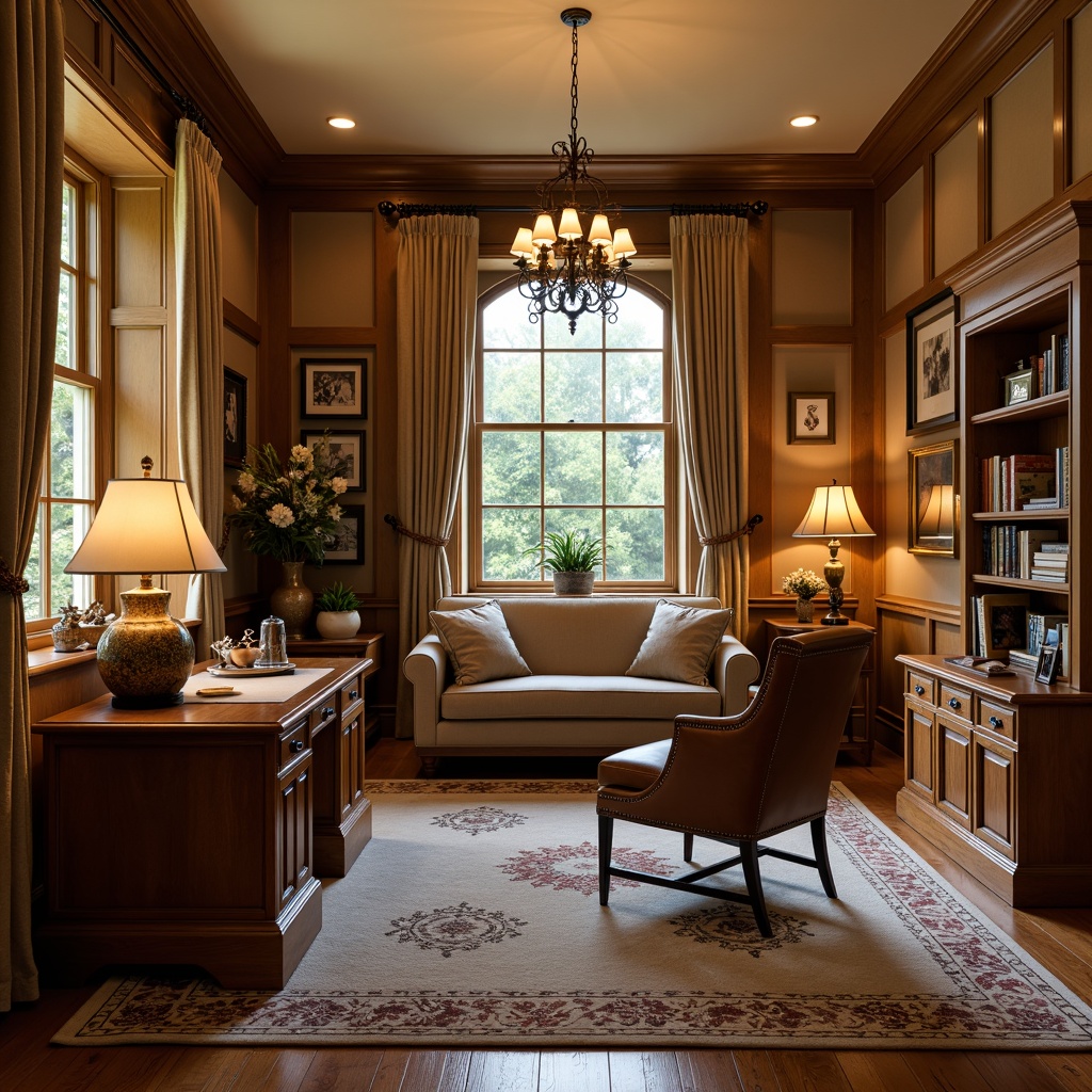 Prompt: Cozy home office, traditional wooden desk, leather office chair, rich wood paneling, warm beige walls, classic pendant light fixtures, ornate metal chandeliers, soft warm glow, table lamps with cream shades, floor lamps with bronze bases, natural linen curtains, comfortable reading nook, vintage-inspired decorative items, classic books on shelves, framed family photos, elegant crown molding, warm earthy color palette, inviting atmosphere, shallow depth of field, 2/3 composition, realistic textures.