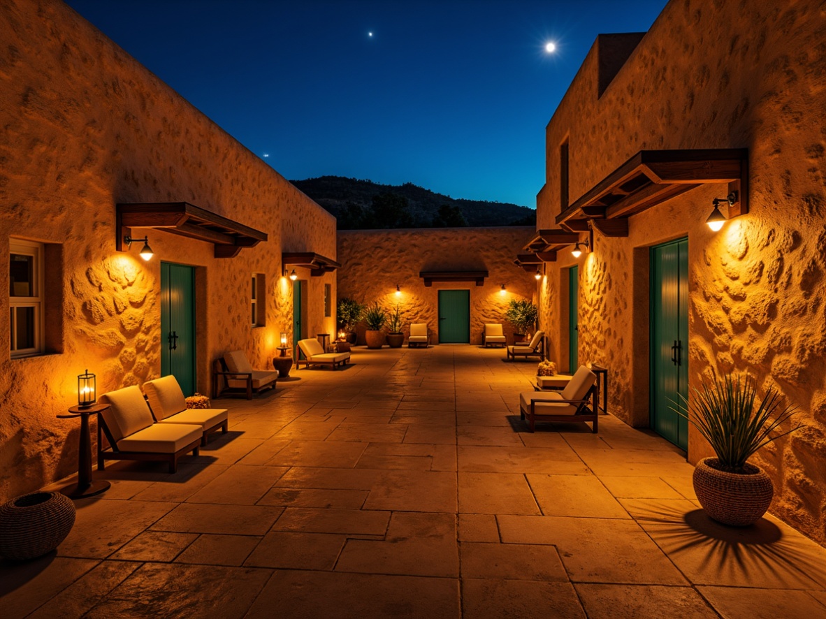 Prompt: Warm golden lighting, soft warm glow, rustic lanterns, candlelit ambiance, natural stone walls, earthy tones, Southwestern patterns, vibrant turquoise accents, wooden beams, adobe-inspired architecture, open-air courtyard, starry night sky, moonlight illumination, subtle shading, 1/2 composition, realistic textures, ambient occlusion.