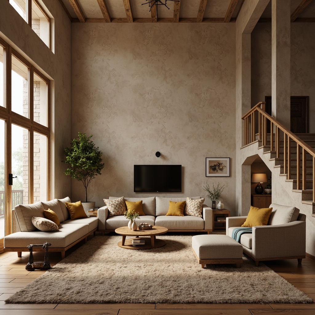 Prompt: Cozy living room, textured walls, earthy tones, natural stone accents, warm beige colors, rustic wooden furniture, plush area rugs, ambient soft lighting, 1/1 composition, shallow depth of field, realistic textures, subtle shadows, inviting atmosphere.