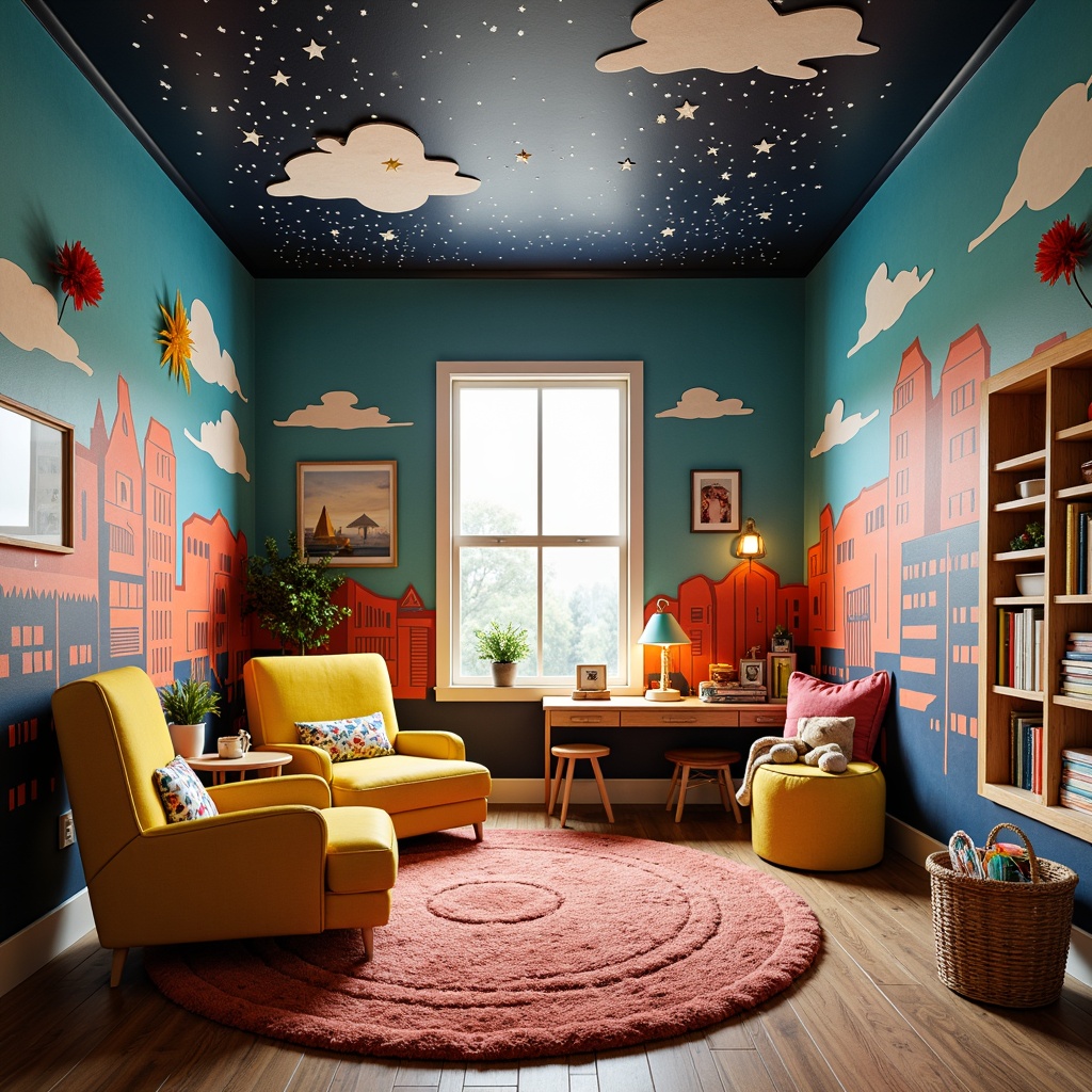 Prompt: Whimsical kids' room, vibrant color palette, playful furniture, expressive brushstroke patterns, textured wallpaper, fantasy-inspired decor, warm cozy lighting, softbox illumination, desk lamps with colorful shades, string lights with tiny bulbs, starry night sky ceiling, dreamy cloud-shaped decorations, plush area rug, miniature bookshelves, creative storage bins, imaginary cityscape murals, bold geometric shapes, exaggerated proportions, fantastical creatures, joyful atmosphere, warm golden lighting, shallow depth of field, 1/1 composition.