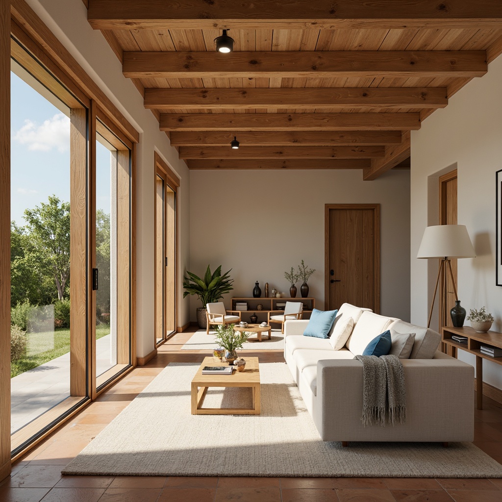 Prompt: Warm beige walls, rich wood accents, soft cream furnishings, calming blue undertones, natural linen textures, subtle grey nuances, earthy terracotta flooring, vibrant greenery, airy open spaces, abundant sunlight, gentle warm lighting, shallow depth of field, 1/1 composition, realistic renderings, ambient occlusion.