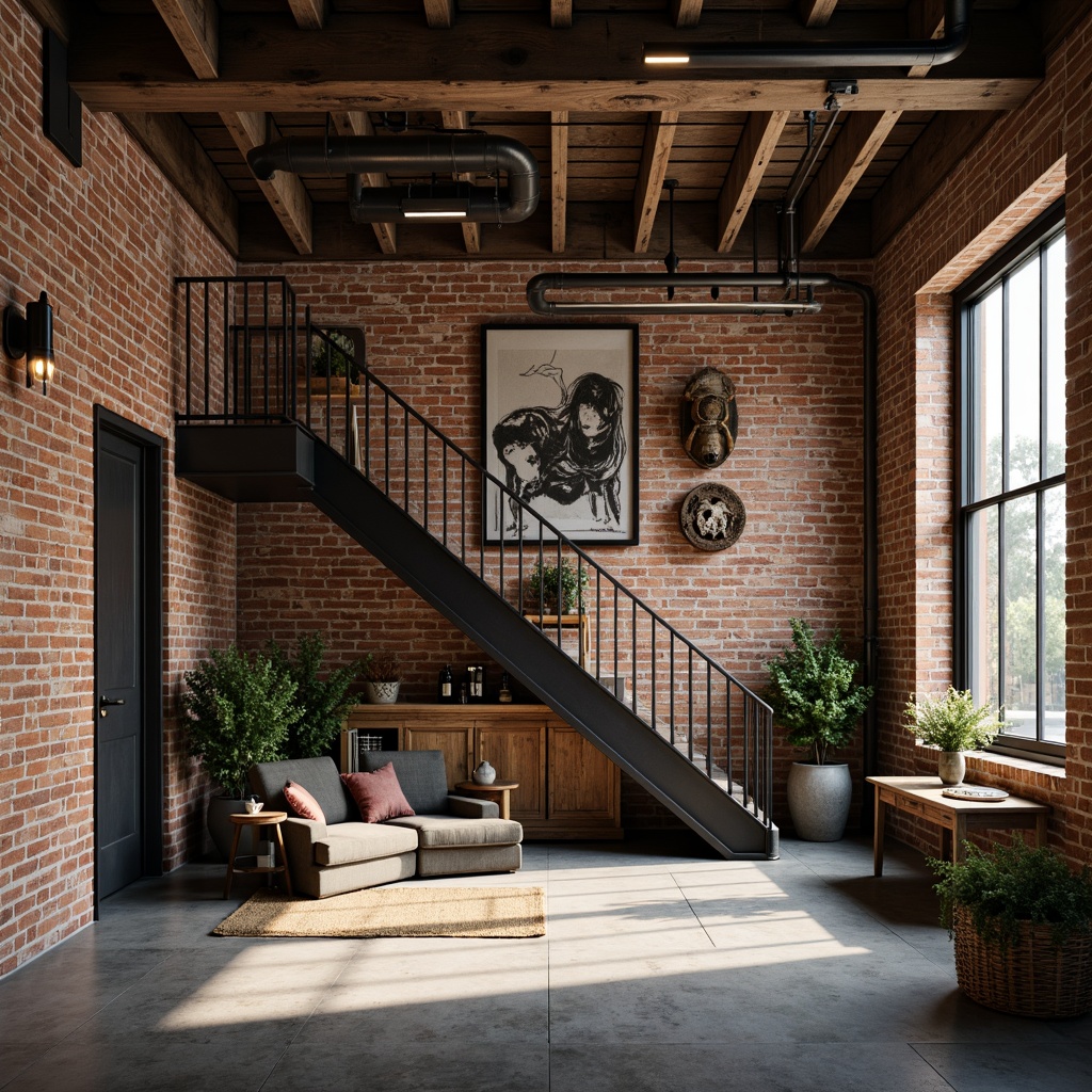 Prompt: Exposed brick walls, metal beams, reclaimed wood accents, industrial-style lighting fixtures, concrete floors, distressed finishes, functional pipes, metal staircase, urban loft atmosphere, natural light pouring in, soft warm glow, shallow depth of field, 3/4 composition, realistic textures, ambient occlusion.