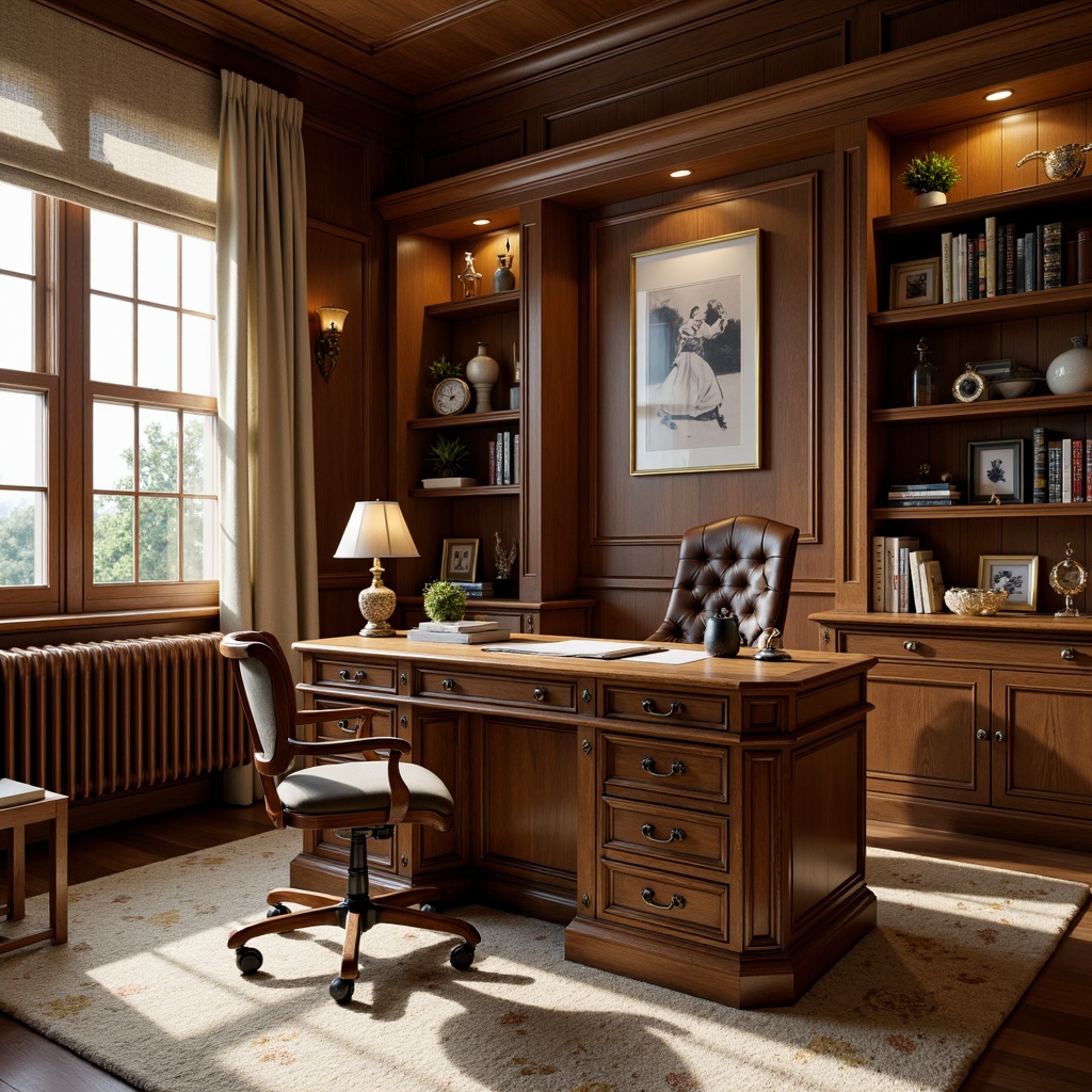 Prompt: Rich wooden desk, leather office chair, vintage lamp, traditional bookshelves, ornate picture frames, warm beige carpet, classic window treatments, soft natural lighting, cozy study atmosphere, comfortable workspace, organized storage cabinets, elegant paperweights, antique-inspired accessories, classic clock, traditional artwork, earthy color palette, inviting home office setting, 1/2 composition, subtle depth of field, realistic wood textures.