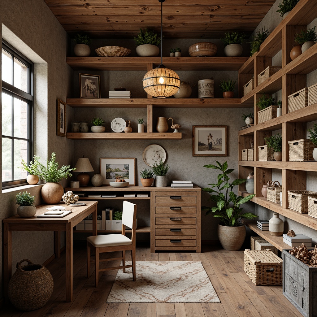 Prompt: Rustic craft room, wooden shelves, distressed finishes, vintage decor, earthy tones, natural textures, woven baskets, rattan storage, industrial metal accents, reclaimed wood crates, eclectic displays, cozy reading nook, warm task lighting, soft rustic colors, 3/4 composition, shallow depth of field, realistic wood grain, ambient occlusion.