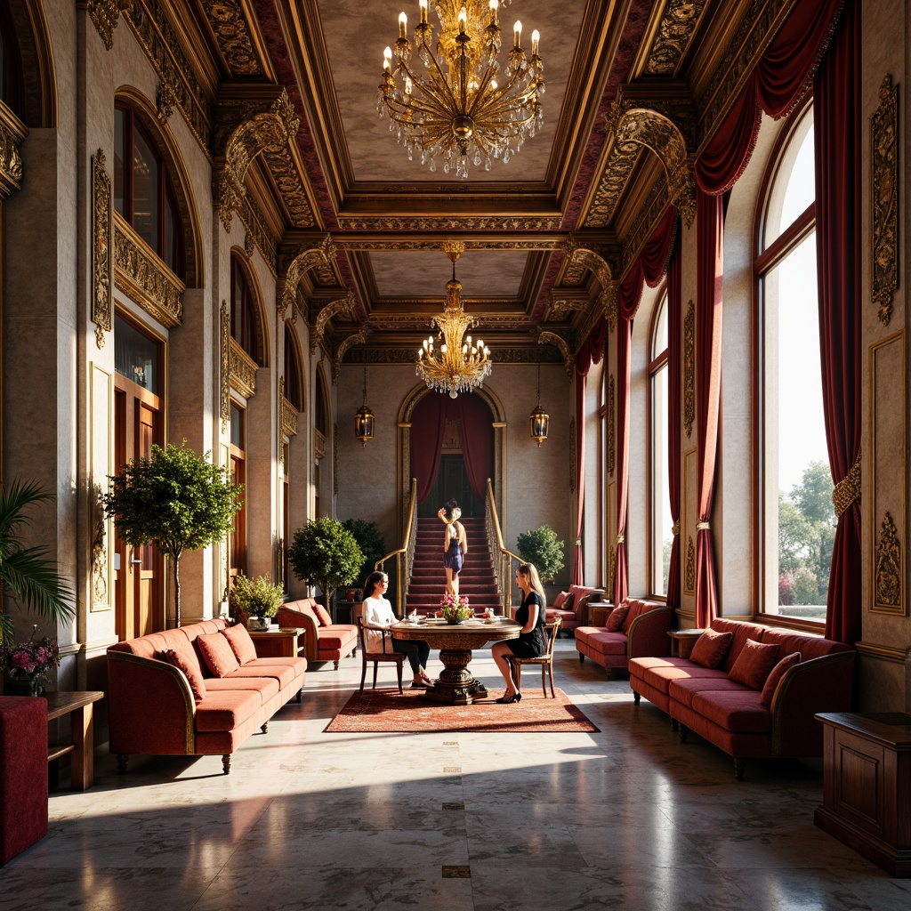 Prompt: Ornate palace, grandiose columns, intricate carvings, lavish chandeliers, opulent furnishings, rich velvet fabrics, regal color palette, gilded accents, ornamental patterns, luxurious marble floors, majestic staircases, crystal clear windows, dramatic drapery, ambient warm lighting, soft focus, 1/1 composition, realistic reflections, detailed textures.