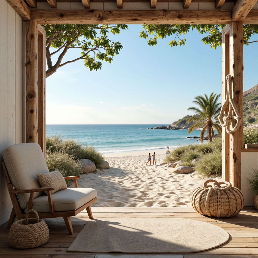 Prompt: Calming coastal scenery, soothing ocean views, soft sandy beaches, driftwood accents, nautical ropes, vintage anchors, distressed wooden planks, sea-salt air, warm sunlight, gentle breezes, natural fabrics, linen textures, whitewashed walls, rustic wooden furniture, coral-inspired hues, seafoam greens, misty blues, weathered copper tones, warm beige neutrals, subtle shell patterns, organic shapes, relaxed atmosphere, 1/2 composition, soft focus, warm golden lighting, natural textures, ambient occlusion.