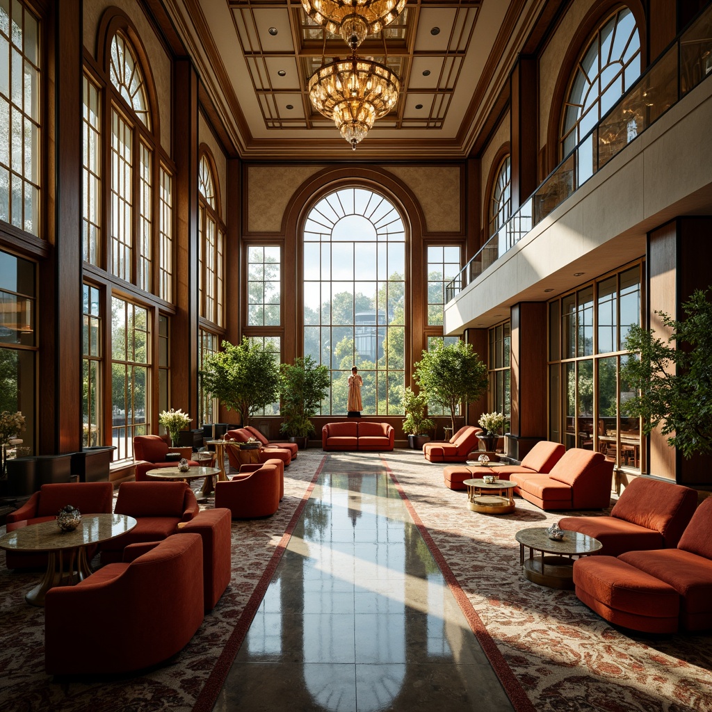 Prompt: Art Deco interior, luxurious ambiance, sleek glass partitions, metallic frames, geometric patterns, ornate details, opulent materials, lavish furnishings, sophisticated color palette, rich wood accents, velvet upholstery, crystal chandeliers, grandiose mirrors, ornamental vases, modernist sculptures, abundant natural light, soft warm glow, shallow depth of field, 1/2 composition, elegant reflections, realistic glass textures.