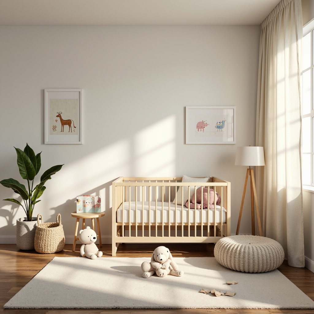 Prompt: Soft baby nursery, calming pastel colors, creamy whites, gentle grays, soothing blues, warm beige tones, natural wood furniture, plush toys, delicate florals, subtle polka dots, whimsical illustrations, airy textiles, billowy curtains, golden sunrise lighting, shallow depth of field, 1/1 composition, realistic textures, ambient occlusion.