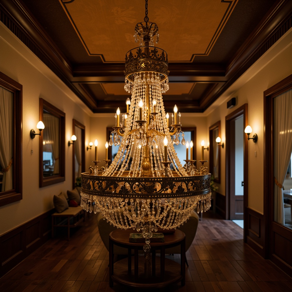 Prompt: Elegant chandelier, ornate metalwork, warm soft glow, crystal droplets, candle-like bulbs, luxurious fabrics, rich wood tones, vintage-inspired fixtures, distressed finishes, antique bronze accents, subtle dimming, cozy ambiance, traditional decor, refined sophistication, nostalgic charm, warm beige walls, dark hardwood floors, comfortable seating areas, intimate gatherings, relaxed social settings.