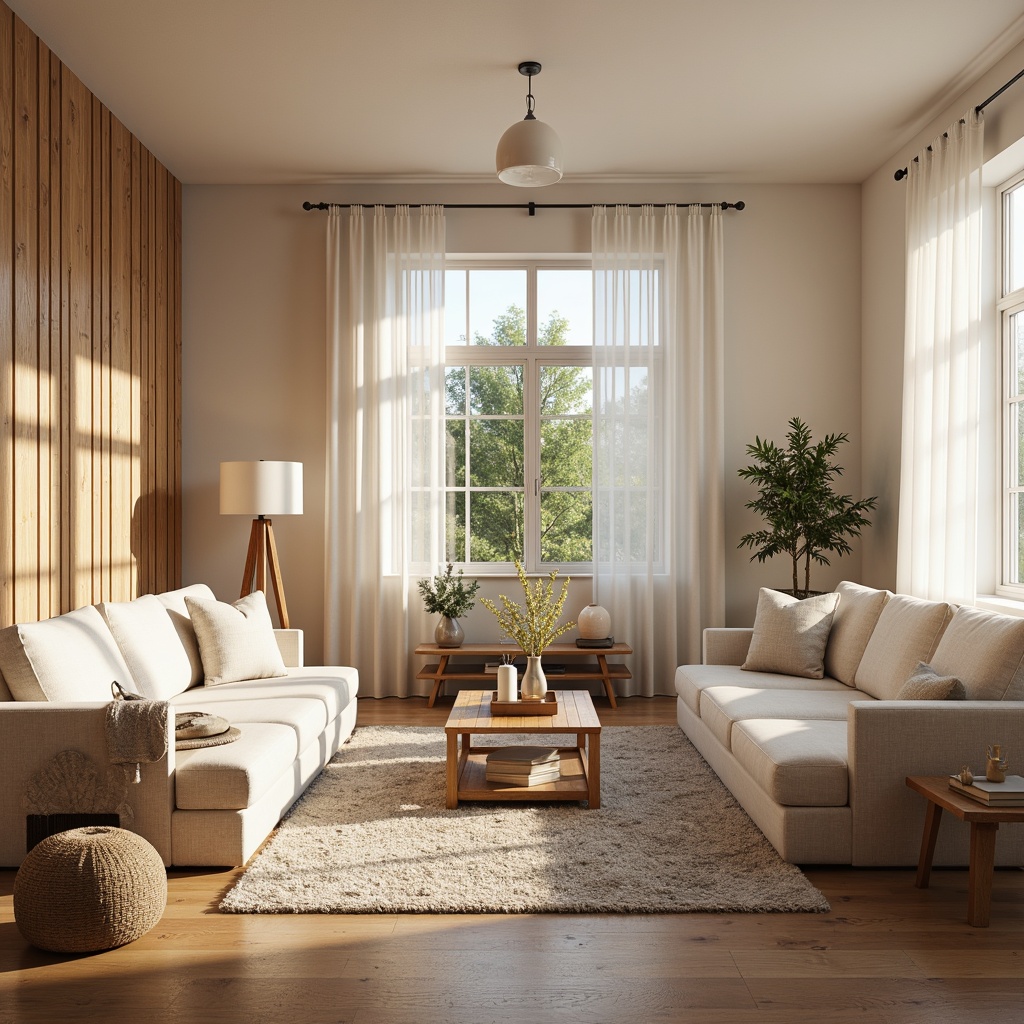 Prompt: Cozy Scandinavian living room, soft warm lighting, natural wood accents, minimalist furniture, creamy white walls, large windows, sheer curtains, pendant lamps, table lamps, floor lamps, warm beige floors, plush area rugs, Nordic-inspired textiles, subtle patterns, gentle shadows, ambient occlusion, 1/2 composition, softbox lighting, realistic reflections.