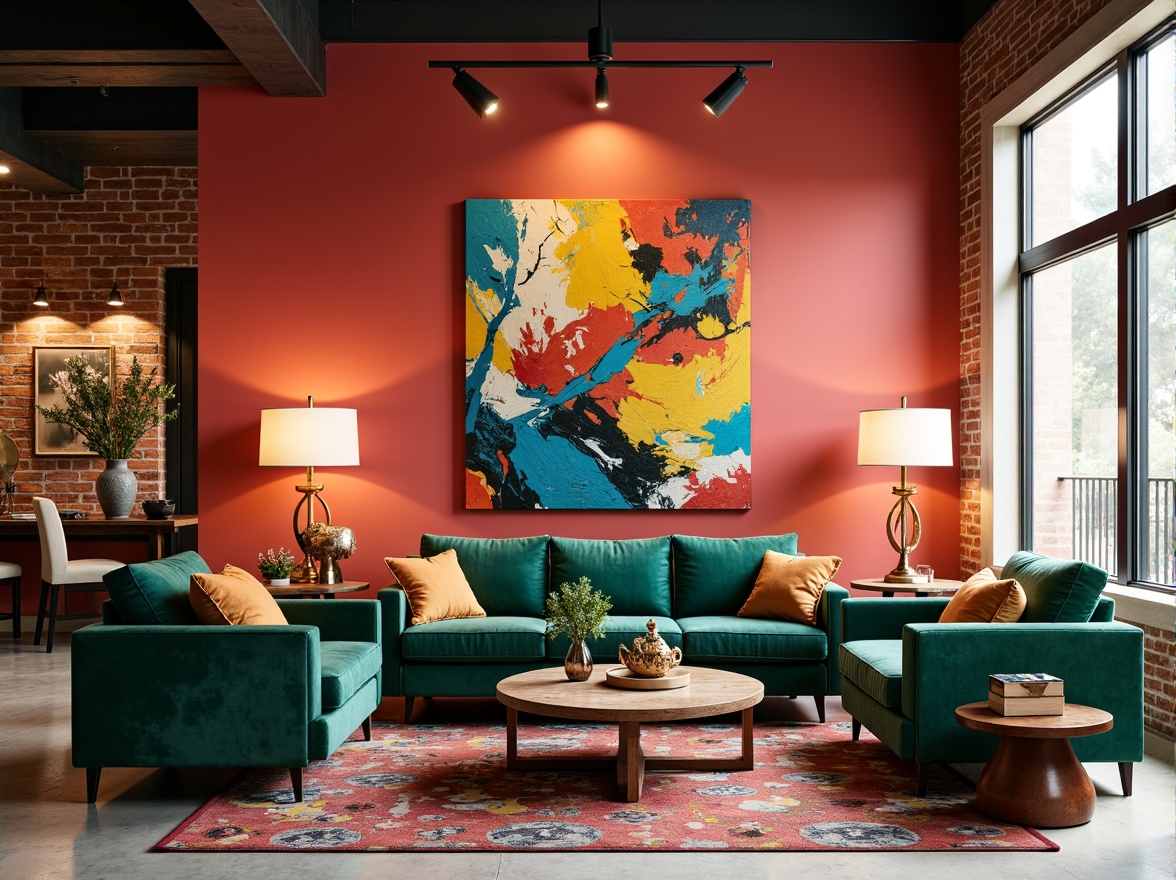 Prompt: Vibrant artwork, bold brushstrokes, eclectic furniture, bright coral walls, emerald green velvet sofas, metallic gold accents, abstract sculptures, modern industrial decor, exposed brick walls, polished concrete floors, dramatic lighting fixtures, oversized lamps, statement rugs, geometric patterns, avant-garde design, contemporary art pieces.