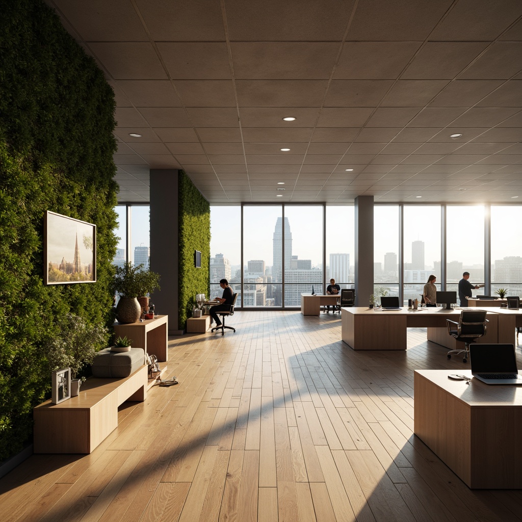 Prompt: Modern open-plan office, collaborative workspaces, minimalist decor, natural light, wooden floors, ergonomic chairs, sleek desks, green walls, floor-to-ceiling windows, city skyline views, soft warm lighting, shallow depth of field, 3/4 composition, panoramic view, realistic textures, ambient occlusion.