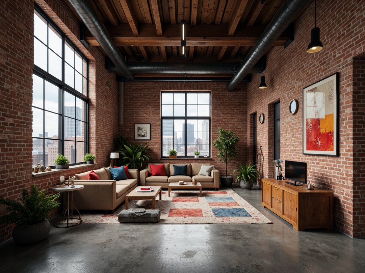 Prompt: Exposed brick walls, industrial metal beams, functional pipes, minimalist decor, bold typography, primary color accents, geometric shapes, urban cityscape, cloudy sky, dramatic lighting, high contrast ratio, 1/1 composition, symmetrical framing, realistic metallic textures, ambient occlusion, rough concrete floors, reclaimed wood accents, vintage manufacturing equipment, distressed finishes, eclectic furniture pieces, abstract artwork, functional storage solutions.