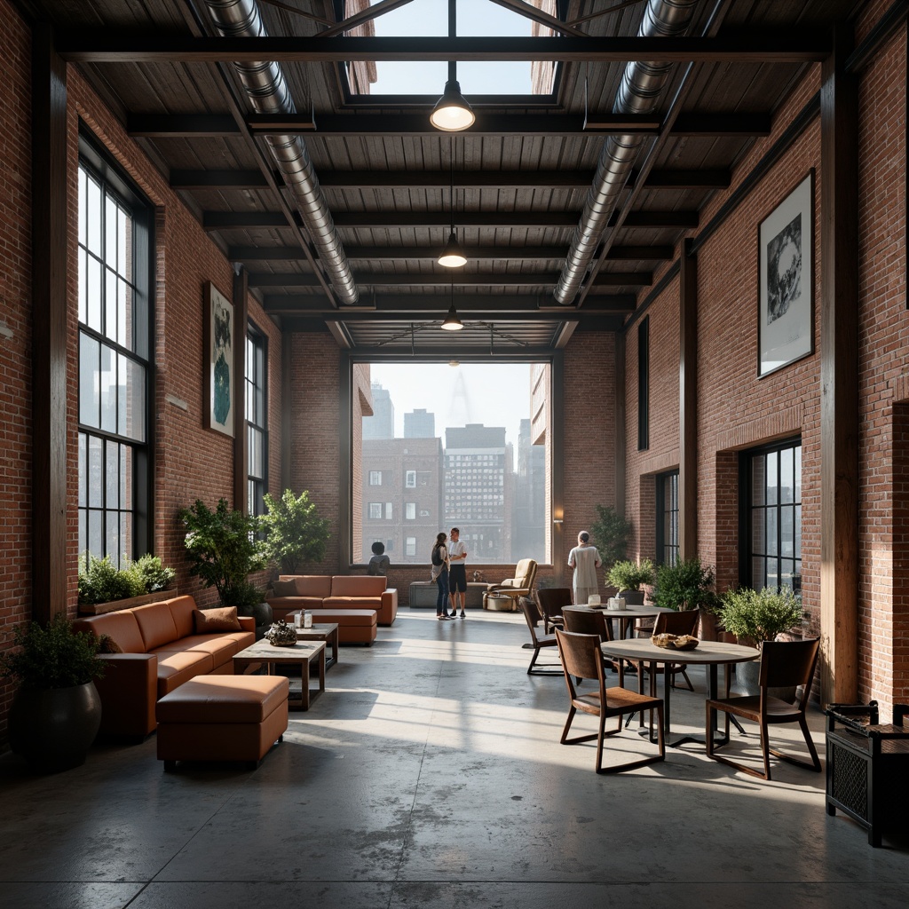 Prompt: Exposed brick walls, metal beams, reclaimed wood accents, industrial-style lighting fixtures, urban cityscape backdrop, converted warehouse space, modern minimalist decor, polished concrete floors, steel windows, functional pipes, distressed finishes, eclectic vintage furniture, neutral color palette, dramatic high ceilings, atmospheric foggy lighting, 1-point perspective composition, realistic metallic textures, cinematic mood.