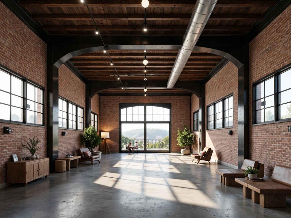 Prompt: Exposed brick walls, metal beams, reclaimed wood accents, industrial chic lighting, distressed finishes, earthy tones, muted colors, weathered textures, urban landscape views, concrete floors, steel doors, functional decor, minimalist aesthetic, high ceilings, open spaces, natural light, softbox lighting, 3/4 composition, realistic renderings, ambient occlusion.