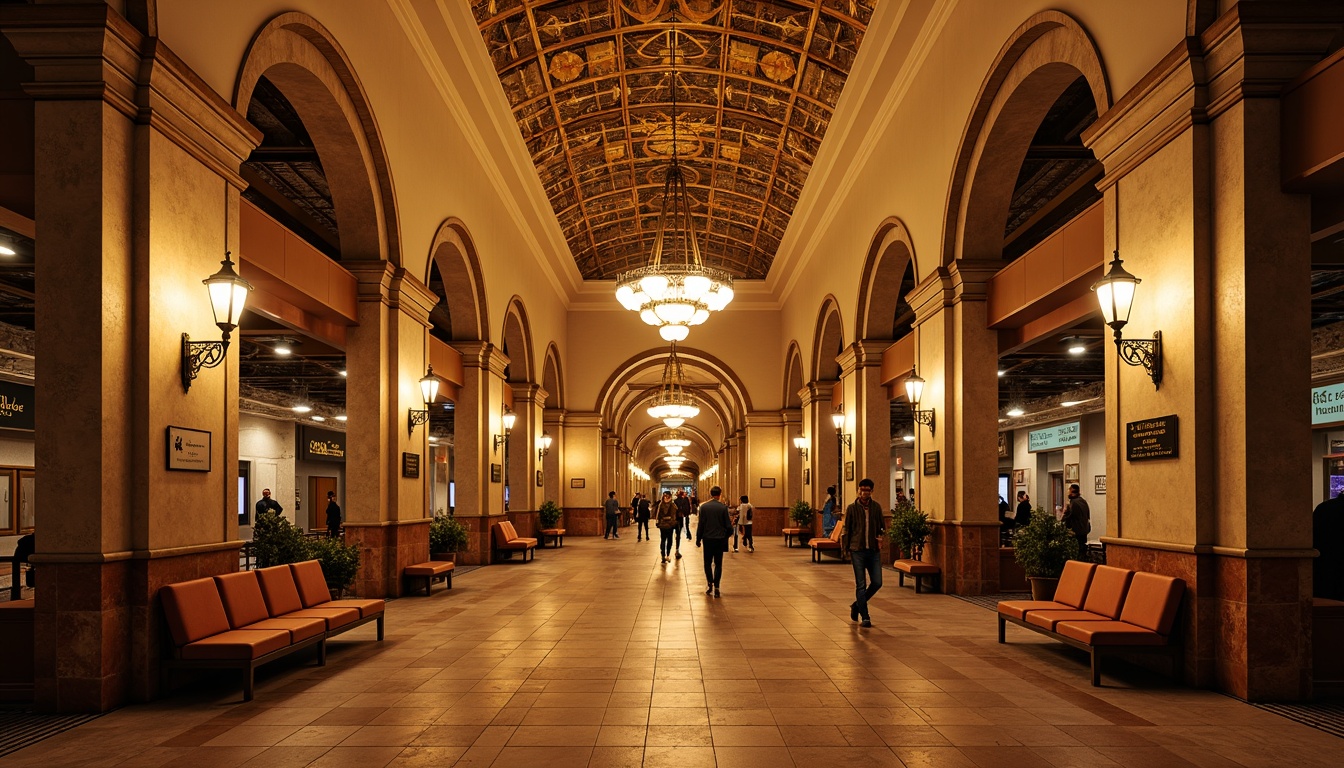 Prompt: Warm Mediterranean metro station, vaulted ceilings, rustic stone walls, ornate metalwork, grand chandeliers, warm golden lighting, soft ambient glow, subtle color temperature shifts, elegant archways, decorative tile patterns, intricate mosaics, natural stone floors, warm beige tones, classic lantern-style lamps, refined metal accents, sophisticated signage systems, high-contrast lighting ratios, dramatic shadows, atmospheric perspective views, 1/2 composition, realistic reflections, cinematic mood lighting.