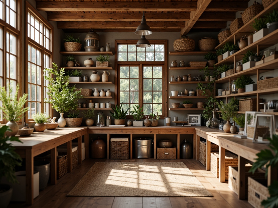 Prompt: Cozy craft room, rustic wooden shelves, woven baskets, vintage metal storage bins, earthy tone walls, reclaimed wood workbenches, industrial metal lighting fixtures, natural fiber rugs, warm ambient lighting, shallow depth of field, 1/1 composition, realistic textures, soft focus effect.