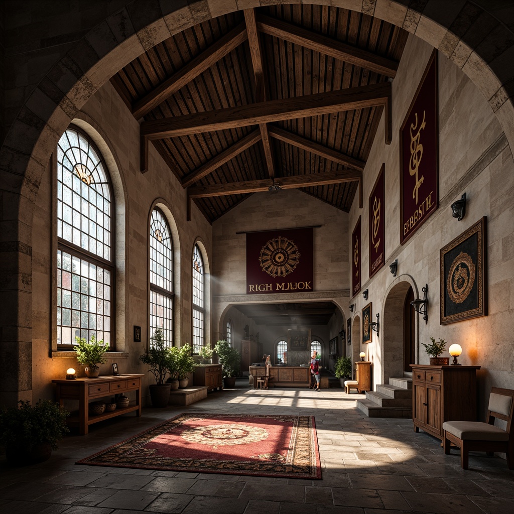 Prompt: Weathered stone walls, rustic wooden beams, distressed metal accents, vaulted ceilings, stained glass windows, ornate tapestries, rich velvet fabrics, intricate carvings, spiritual symbols, candles, lanterns, dim warm lighting, soft shadows, mystical ambiance, atmospheric misting, 3/4 composition, shallow depth of field, realistic textures, ambient occlusion.