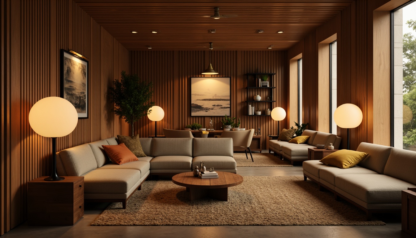 Prompt: Mid-century modern interior, warm ambient lighting, table lamps with sculptural shapes, floor lamps with slender profiles, pendant lights with spherical shades, recessed ceiling lights, natural materials, wood accents, minimalist decor, geometric patterns, earthy color palette, organic textures, soft diffused light, 1/2 composition, low-key lighting, subtle shadows, realistic render.