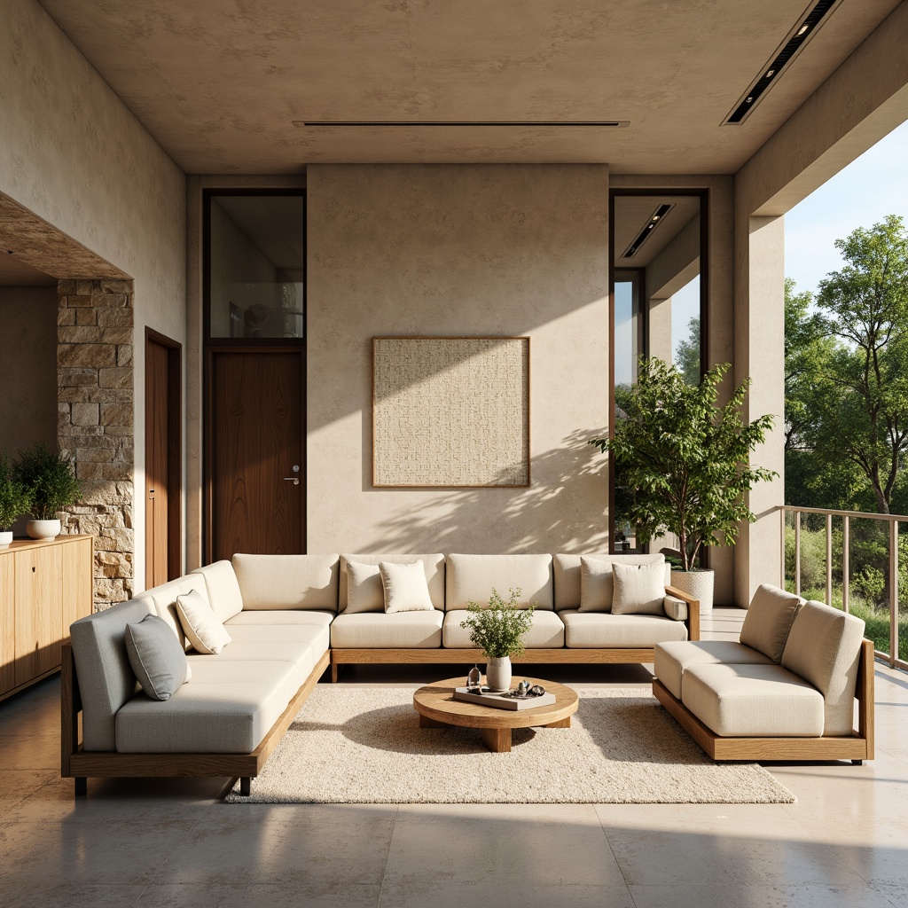 Prompt: Cozy living room, textured walls, earthy tones, natural stone accents, warm beige colors, soft cream fabrics, comfortable sectional sofa, rustic wooden coffee table, vibrant greenery, floor-to-ceiling windows, modern minimalist decor, subtle ambient lighting, 1/1 composition, realistic renderings, detailed normal maps.