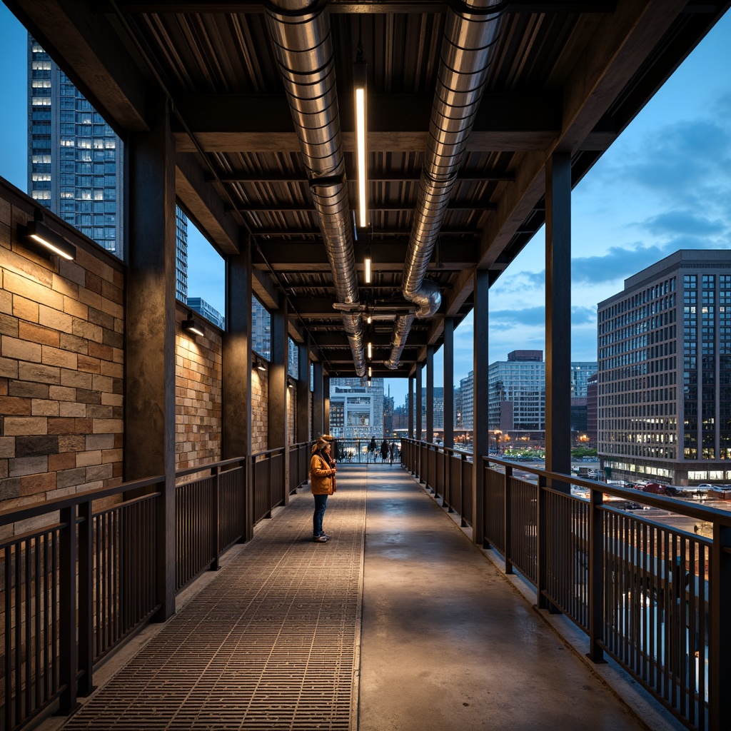 Prompt: Exposed metal beams, industrial chic aesthetic, reclaimed wood accents, distressed concrete walls, high ceilings, functional catwalks, metal grid flooring, exposed ductwork, urban cityscape views, dramatic spotlights, warm ambient lighting, cool blue tones, LED strip lights, metallic fixtures, minimalist decor, functional simplicity, raw unfinished textures, edgy architectural lines, 3/4 composition, low-angle shots, cinematic lighting effects.