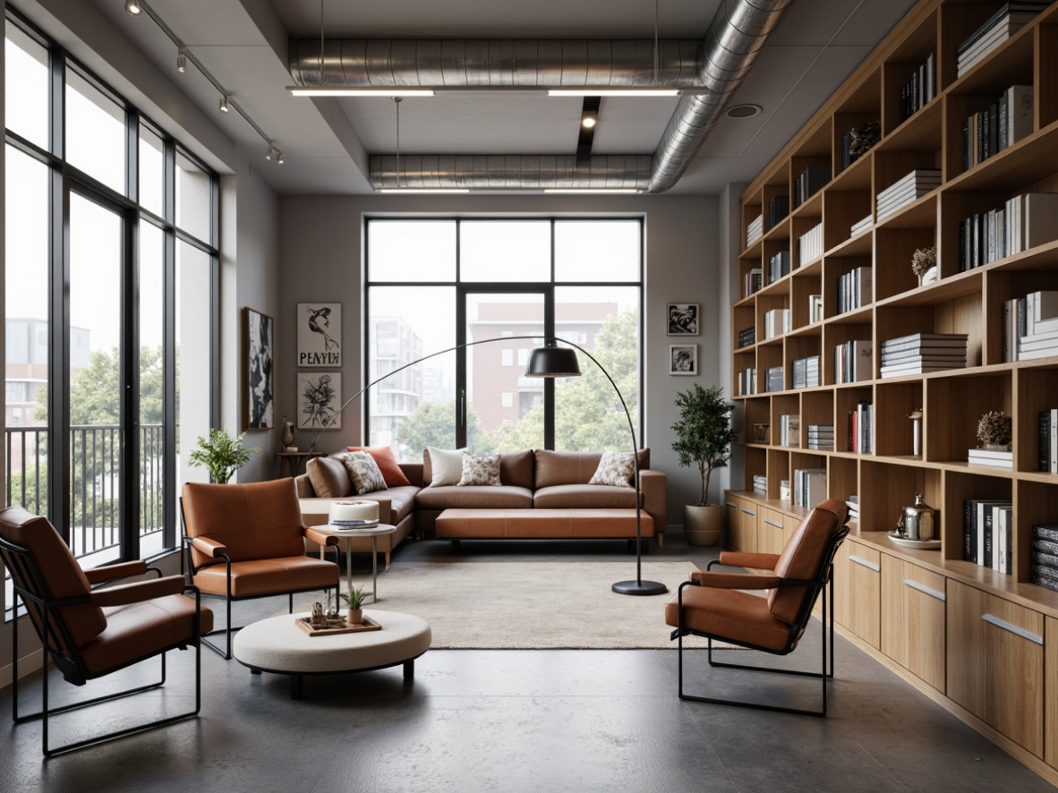 Prompt: Geometric chairs, tubular steel frames, leather upholstery, minimalist coffee tables, functional shelving units, industrial lighting fixtures, wooden accents, primary color schemes, bold typography, rectangular shapes, clean lines, monochromatic backgrounds, softbox lighting, shallow depth of field, 1/1 composition, realistic textures, ambient occlusion.