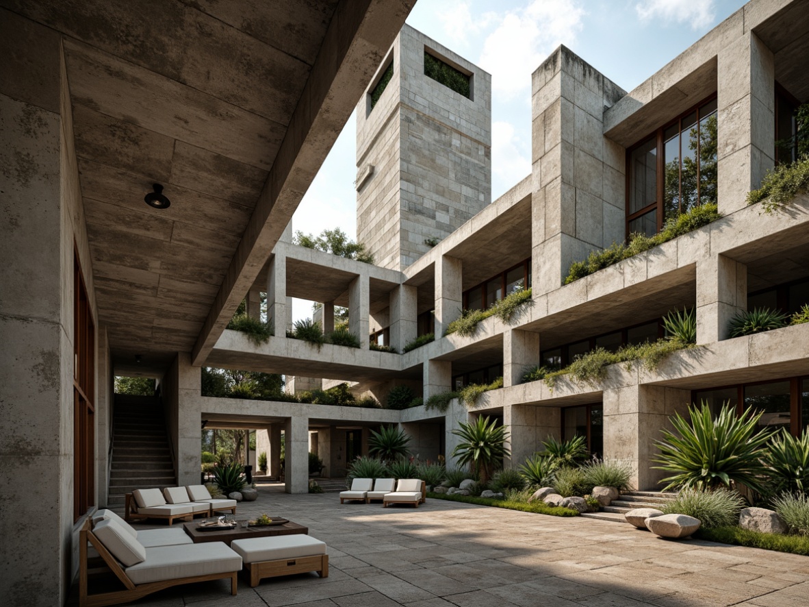 Prompt: Rugged brutalist architecture, exposed concrete structures, raw natural stone walls, weathered wooden accents, industrial metal beams, earthy tone color palette, overgrown vegetation, moss-covered surfaces, rough-hewn stone columns, dramatic cantilevered roofs, angular geometric shapes, abundant natural light, soft diffused shadows, 1/2 composition, low-angle shot, realistic textures, ambient occlusion.