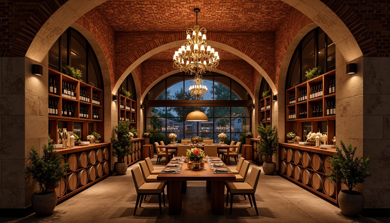 Prompt: Luxurious wine cellar, rich wood tones, dark stone walls, earthy red hues, warm golden lighting, sophisticated ambiance, elegant shelving units, refined metal accents, lavish furnishings, opulent chandeliers, dimmable spotlights, soft shadows, cozy seating areas, vintage wine barrels, rustic wooden crates, aged brick archways, dramatic ceiling heights, ornate ironwork, intimate spaces, subtle texture variations, warm beige tones, deep crimson shades, mysterious atmosphere, 1/1 composition, realistic reflections, ambient occlusion.