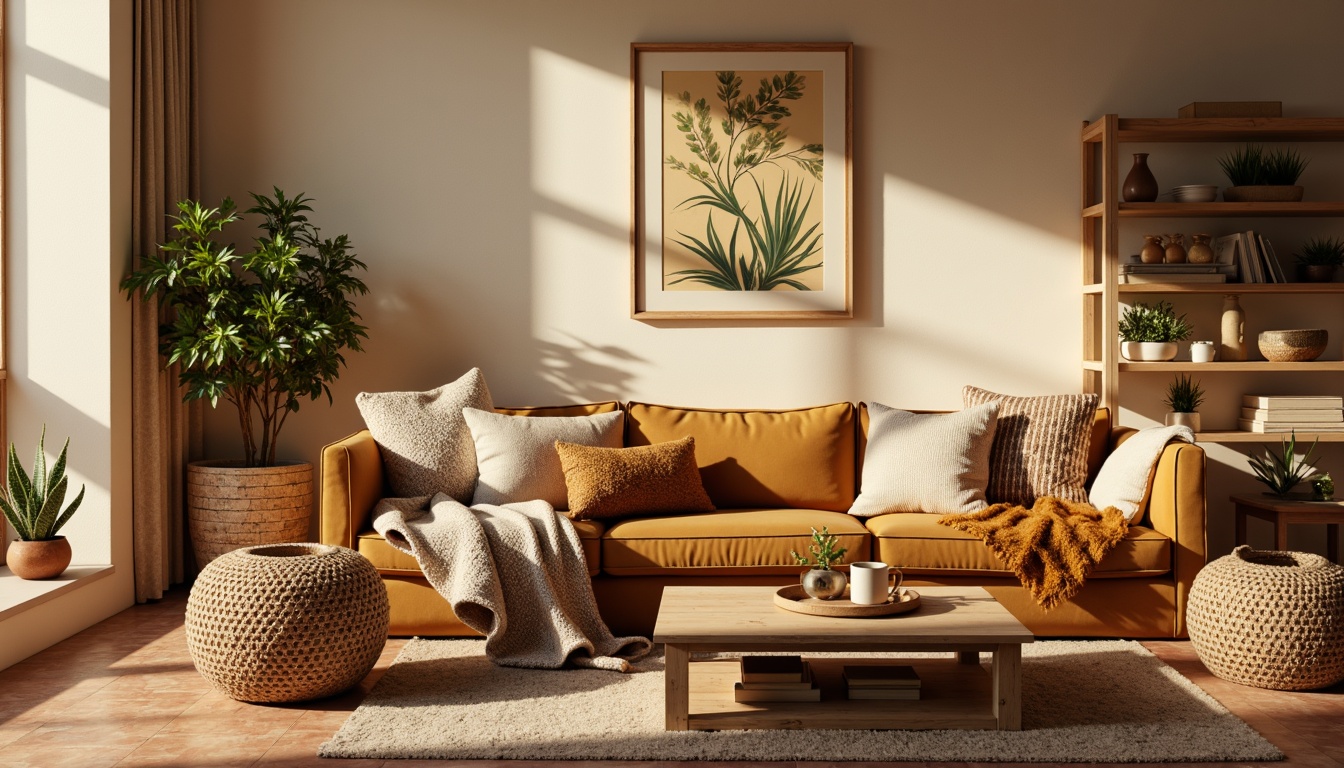 Prompt: Cozy living room, plush velvet sofa, soft golden lighting, warm beige walls, Moroccan-inspired tiles, chunky knit blankets, faux fur throws, distressed wood coffee table, woven rattan baskets, natural fiber rugs, calming botanical prints, oversized pillows, modern minimalist decor, 1/1 composition, softbox lighting, shallow depth of field.