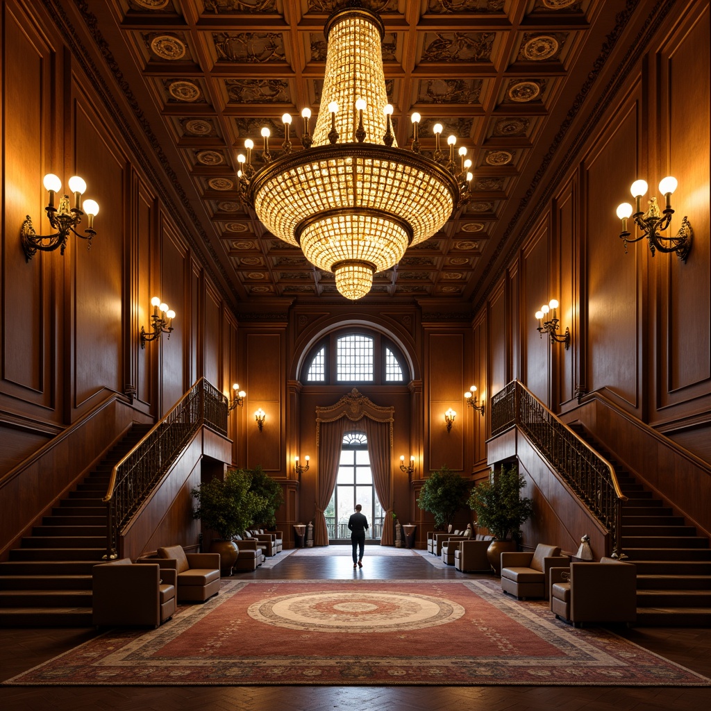 Prompt: Elegant chandeliers, ornate sconces, warm golden lighting, rich wood tones, classic architectural details, opulent furnishings, luxurious fabrics, lavish decorations, grand staircases, sweeping archways, refined ambiance, soft warm glow, subtle shadows, 1/2 composition, intimate atmosphere, realistic textures, ambient occlusion.