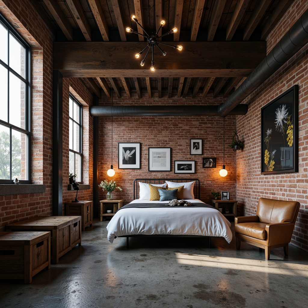 Prompt: Exposed brick walls, metal beams, reclaimed wood accents, industrial-chic lighting fixtures, distressed leather furniture, vintage factory decor, urban loft ambiance, concrete floors, modern minimalist bedding, Edison bulbs, metal frame beds, rustic wooden crates, abstract artwork, moody color palette, atmospheric shadows, shallow depth of field, 1/1 composition, realistic textures.