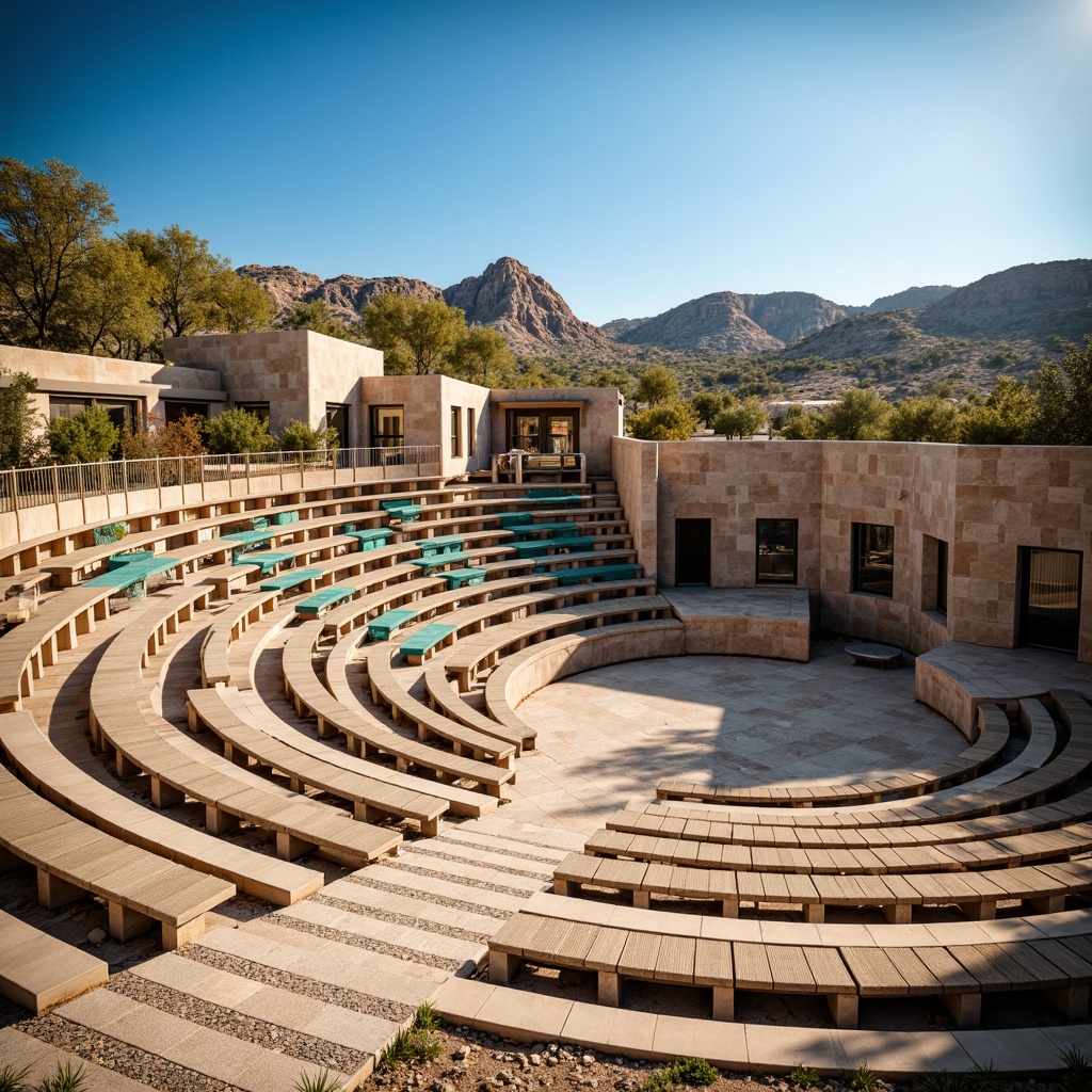 Prompt: Southwestern amphitheater, tiered seating, curved rows, vibrant turquoise accents, natural stone walls, wooden benches, woven textiles, earthy tone flooring, rustic metal railings, desert landscape, clear blue sky, warm sunny day, soft gentle lighting, 1/2 composition, cinematic view, realistic textures, ambient occlusion.