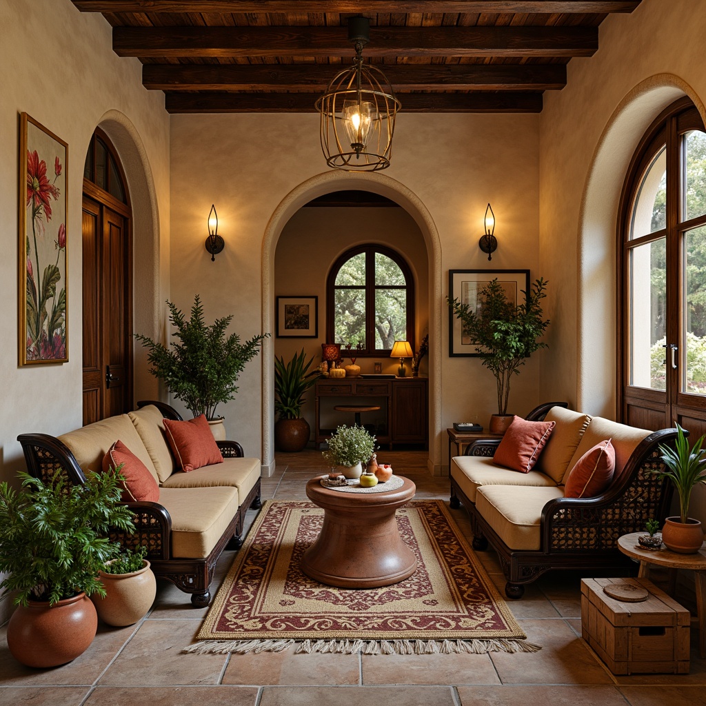 Prompt: Warm earthy tones, rustic wood accents, ornate metalwork, plush velvet upholstery, curved lines, distressed finishes, natural stone floors, terracotta pots, lush greenery, woven textiles, vintage decorative items, soft golden lighting, shallow depth of field, 1/2 composition, cozy intimate spaces, warm beige walls, Mediterranean-inspired patterns, intricate ceramic tiles.