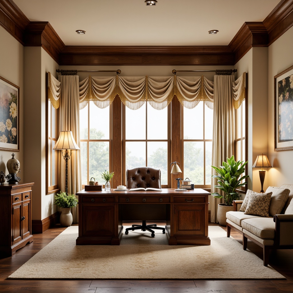 Prompt: \Traditional home office, wooden desk, leather executive chair, rich wood paneling, warm beige walls, classic crown molding, soft cream curtains, pinch pleat drapery, gold tassel tiebacks, ornate metal curtain rods, natural linen fabrics, subtle floral patterns, elegant floor lamps, warm task lighting, cozy reading nook, comfortable plush area rug, traditional framed artwork, 3/4 composition, softbox lighting, realistic textures, ambient occlusion.\Please let me know if this meets your requirements.