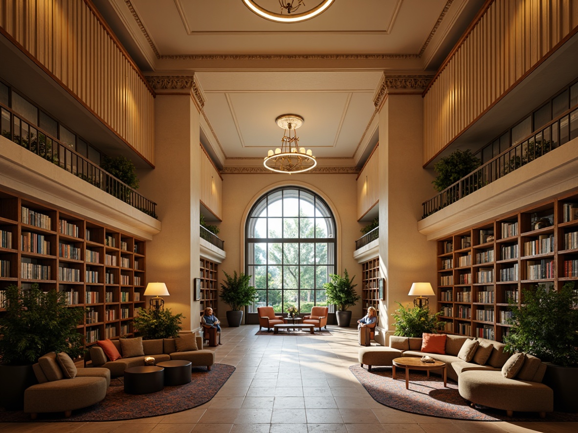 Prompt: Cozy library atmosphere, warm beige walls, rich wood accents, comfortable reading nooks, plush armchairs, soft golden lighting, earthy brown bookshelves, vibrant greenery, natural stone flooring, calming blue tones, creamy white pillars, elegant chandeliers, sophisticated architecture, peaceful ambiance, shallow depth of field, 1/1 composition, warm color harmony, realistic textures.