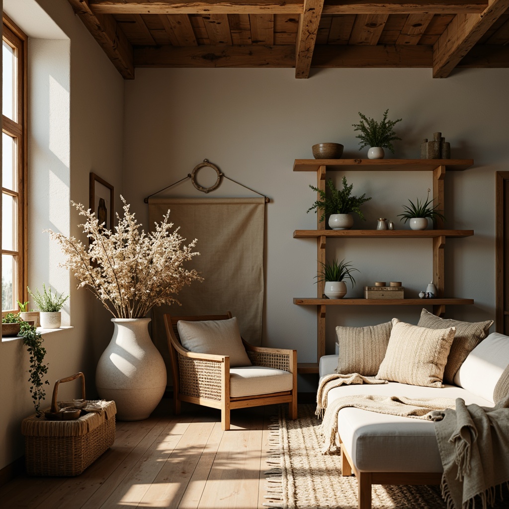 Prompt: Rustic farmhouse, distressed wood accents, vintage florals, soft linen fabrics, natural jute textiles, woven rattan furniture, earthy color palette, warm golden lighting, shallow depth of field, 1/1 composition, intimate close-up shots, realistic textures, ambient occlusion.