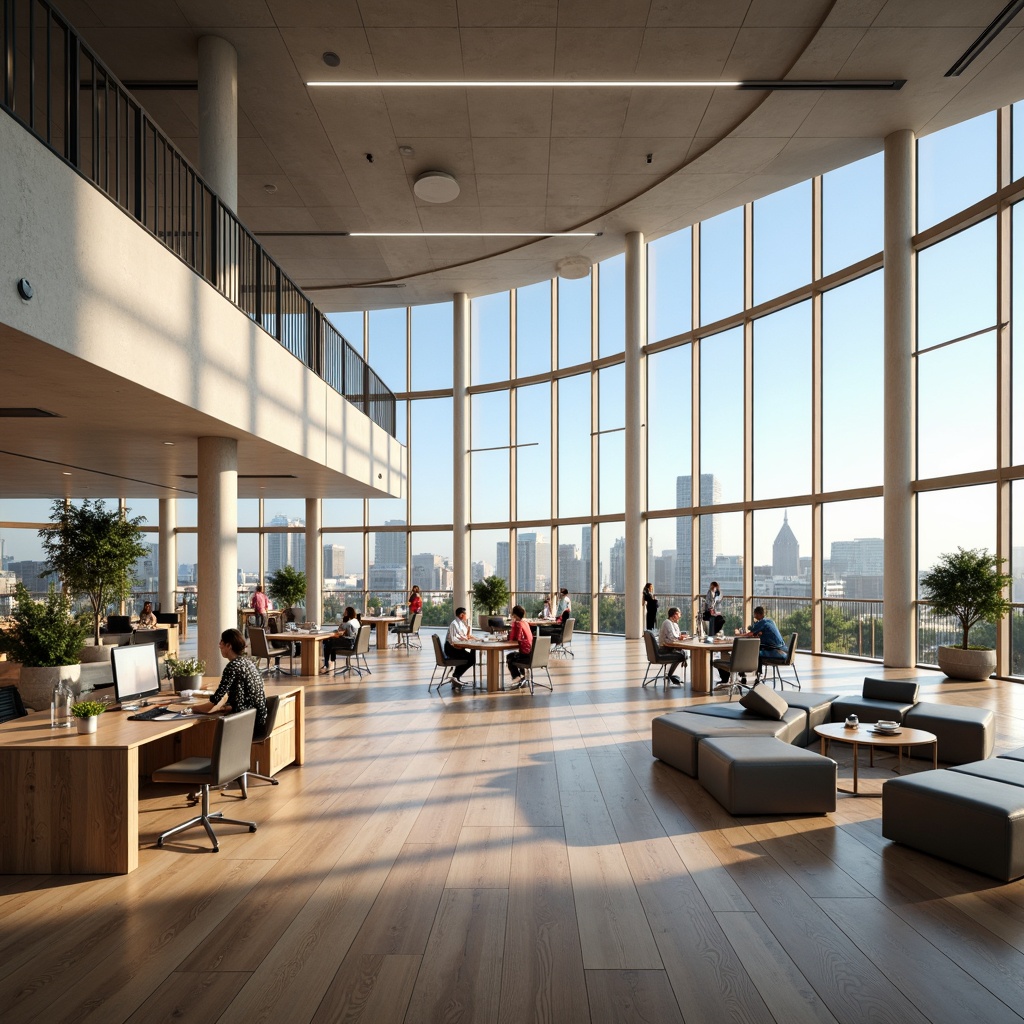 Prompt: Open-plan office space, curved lines, minimal obstacles, efficient workflow, collaborative workstations, sleek modern furniture, polished wooden floors, abundant natural light, floor-to-ceiling windows, panoramic city views, soft neutral color scheme, calming ambiance, 1/2 composition, shallow depth of field, warm softbox lighting, realistic textures, ambient occlusion.