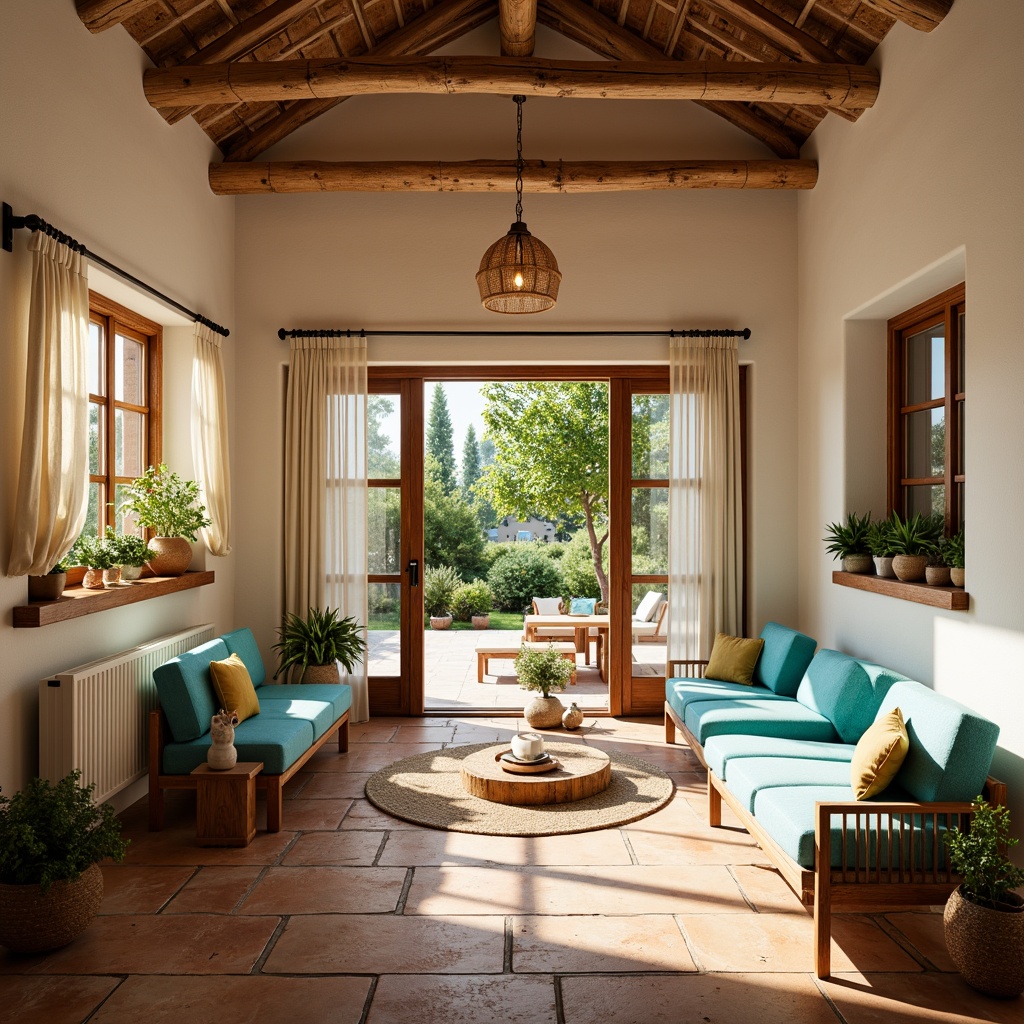 Prompt: Warm Mediterranean interior, large windows, sliding glass doors, bright natural light, soft warm illumination, creamy white walls, rustic wooden beams, earthy terracotta floors, vibrant turquoise accents, lush greenery, potted plants, flowing curtains, airy atmosphere, cozy reading nooks, comfortable seating areas, warm beige tones, gentle shadows, 1/1 composition, realistic textures, ambient occlusion.