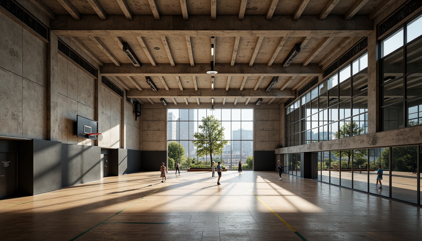 Prompt: Exposed concrete beams, raw industrial textures, brutalist architecture, massive open space, minimal ornamentation, functional simplicity, steel framework, overhead lighting, polished wooden floors, athletic equipment, basketball hoops, volleyball nets, spectator seating areas, natural light pouring in, high ceilings, urban landscape views, gritty urban atmosphere, dramatic shadows, low-key color palette, 1/1 composition, realistic materials, ambient occlusion.