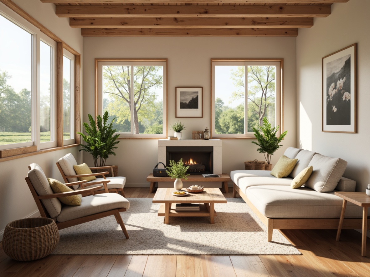 Prompt: Cozy living room, light-filled space, minimal ornamentation, natural wood tones, sleek lines, functional furniture, comfortable sofas, Nordic-inspired armchairs, rustic coffee tables, woven baskets, earthy color palette, beige walls, polished wooden floors, large windows, soft diffused lighting, 1/1 composition, shallow depth of field, realistic textures, ambient occlusion.