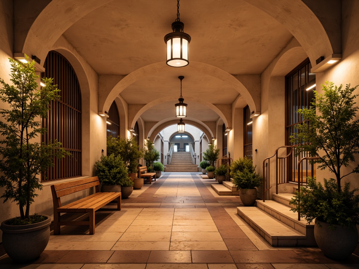 Prompt: Warmly lit Mediterranean-style metro station, soft warm lighting, elegant arches, ornate tile work, terracotta flooring, natural stone walls, vaulted ceilings, grand staircases, intricate ironwork, rustic wooden benches, ambient LED strips, subtle color temperature shifts, dramatic spotlights, high-contrast shading, 1/1 composition, symmetrical framing, atmospheric misting systems, lush greenery, potted plants, warm beige tones, soft pastel hues, distressed textures, aged metal accents.