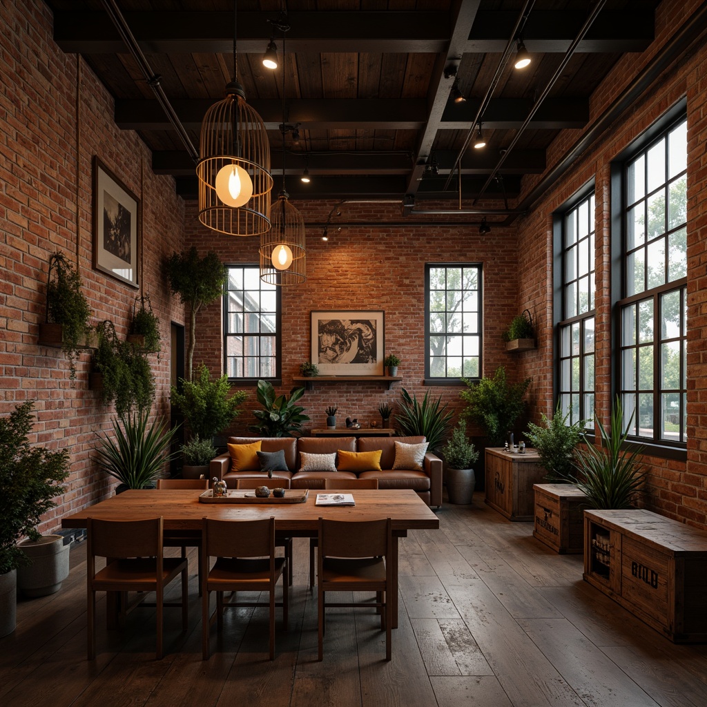 Prompt: Exposed brick walls, industrial metal beams, reclaimed wood accents, distressed leather furniture, urban loft atmosphere, dimmable overhead lighting, warm Edison bulb pendant lamps, metal cage shade fixtures, rustic wooden crates, vintage factory windows, natural textiles, moody color palette, dramatic shadows, high-contrast lighting, soft ambient glow, 1/2 composition, low-key photography style, realistic material textures, cinematic ambiance.